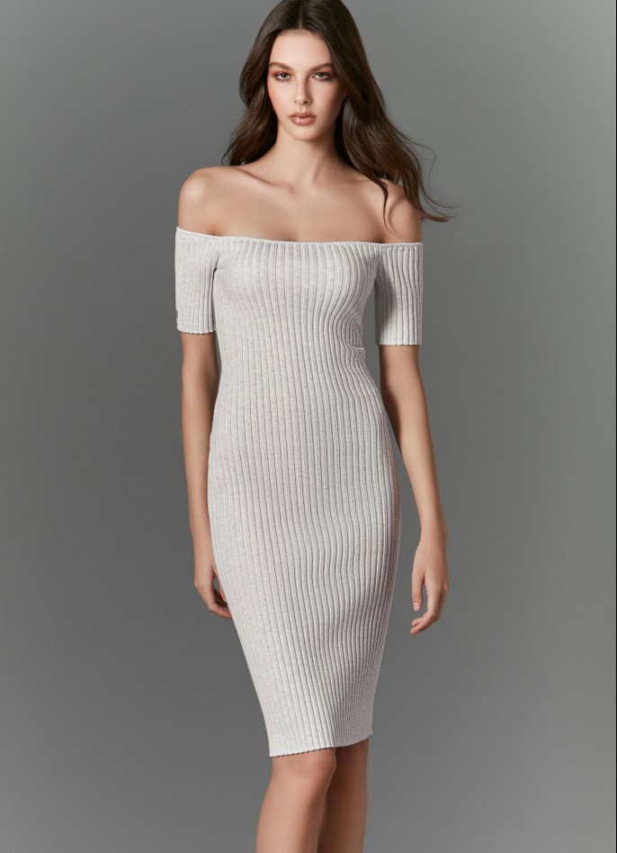 RIBBED KNIT OFF-SHOULDER SHORT-SLEEVE MIDI DRESS - CLOUDY WHITE